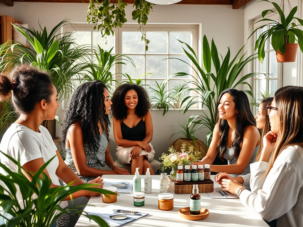 Een serene skincare workshop met een diverse groep mensen.