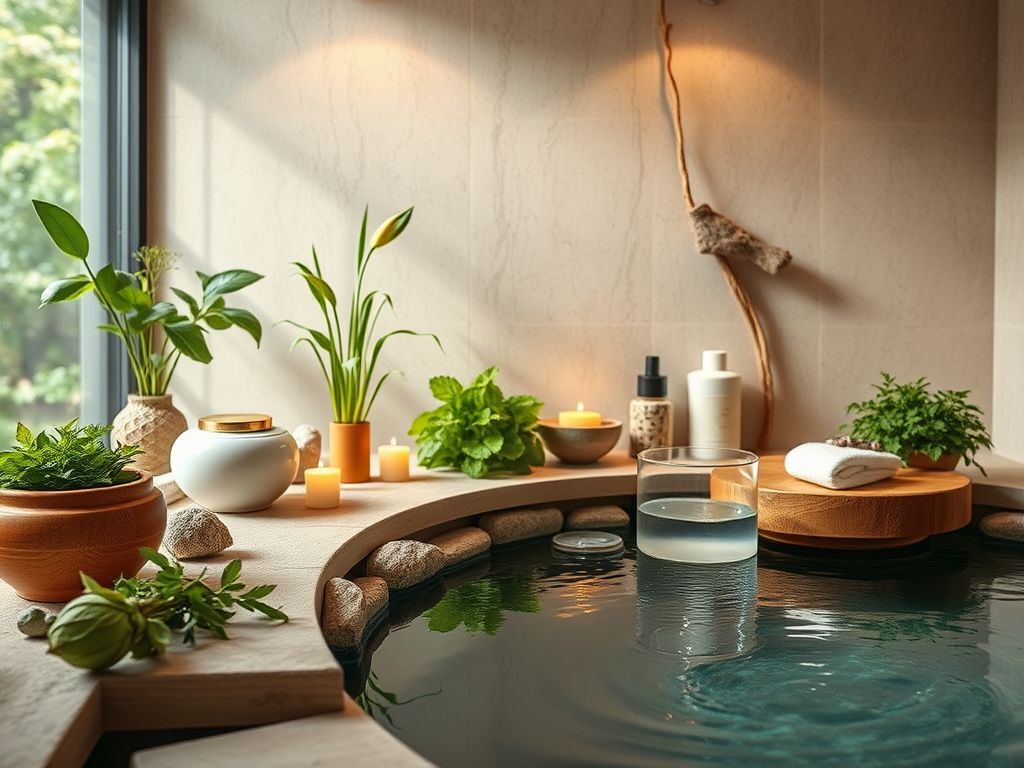 Een serene spa-omgeving met planten, kaarsen en water.