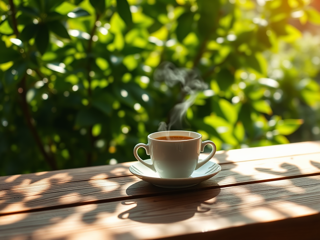 Een dampende kop koffie op een houten tafel.