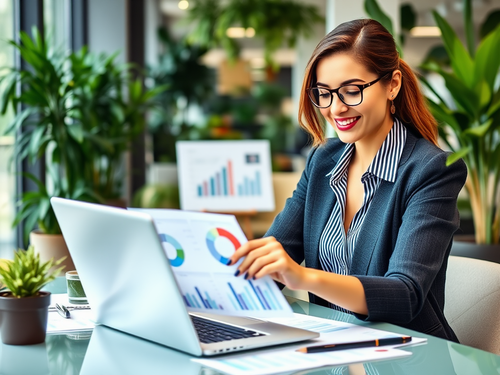 Een zakelijke vrouw analyseert gegevens op een laptop in een moderne kantooromgeving.