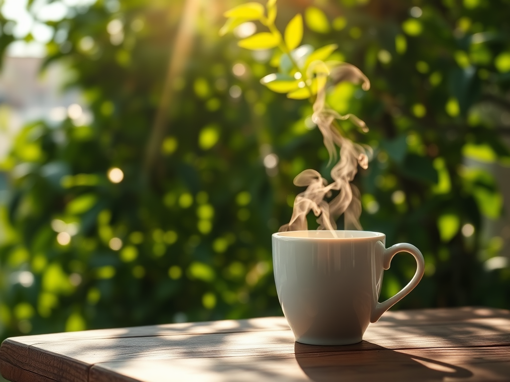 Een kopje dampende koffie op een houten tafel.
