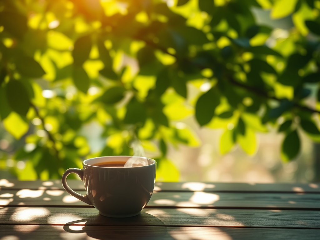 Een stoomkopje koffie op een houten tafel in de natuur.