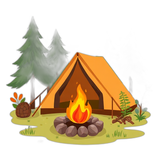 Camping met tent, vuur en bomen.