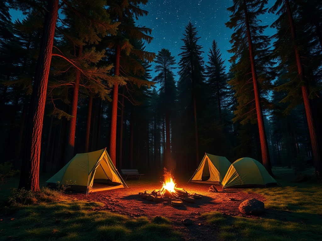 Een serene camping in een weelderig bos met tenten.
