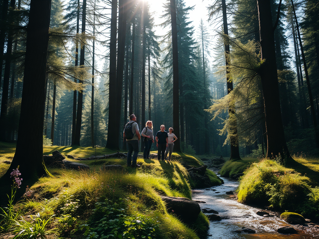 Een serene bosomgeving met een groep die bushcraft leert.