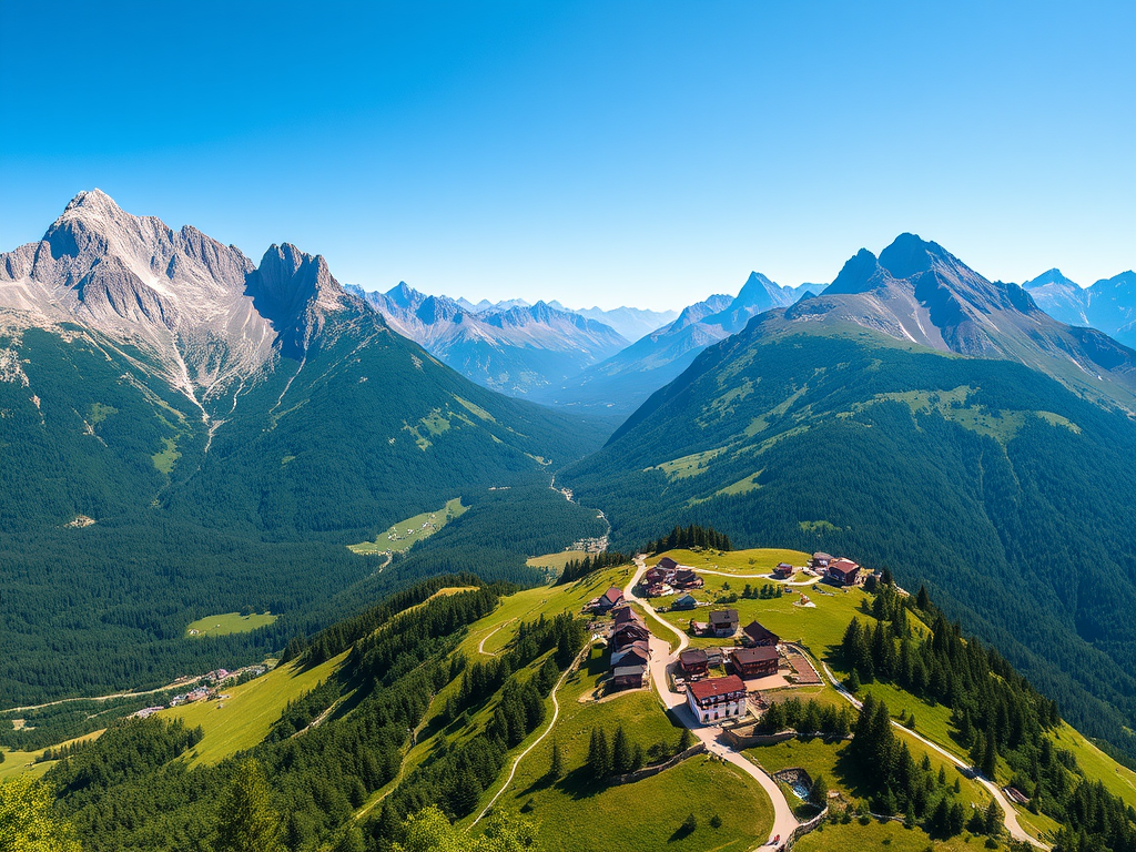 Adembenemend berglandschap met groene valleien en blauwe lucht.