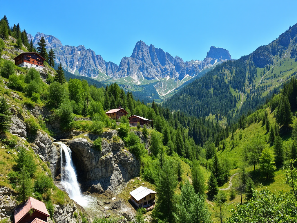 Rustig berglandschap met traditionele huizen en een waterval.