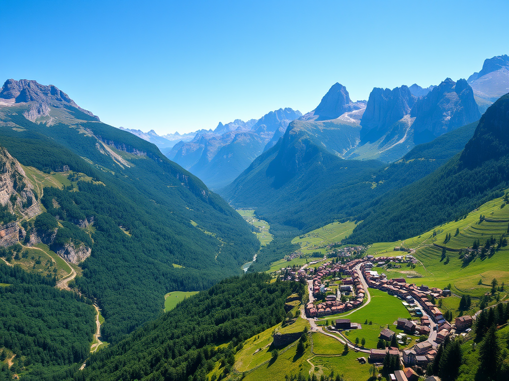 Adembenemend berglandschap met valleien en een dorp.