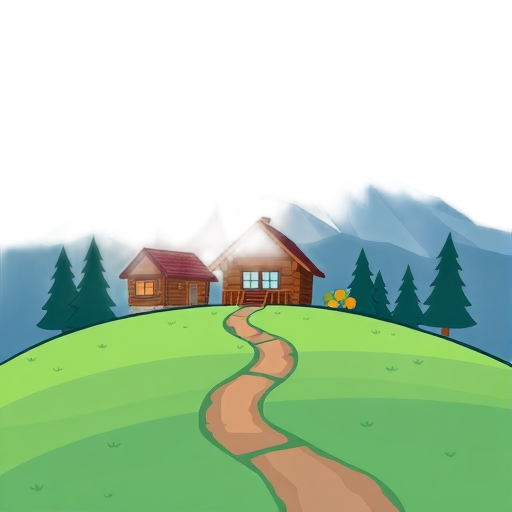 Majestueuze bergen met een gezellige cabin en een pad.