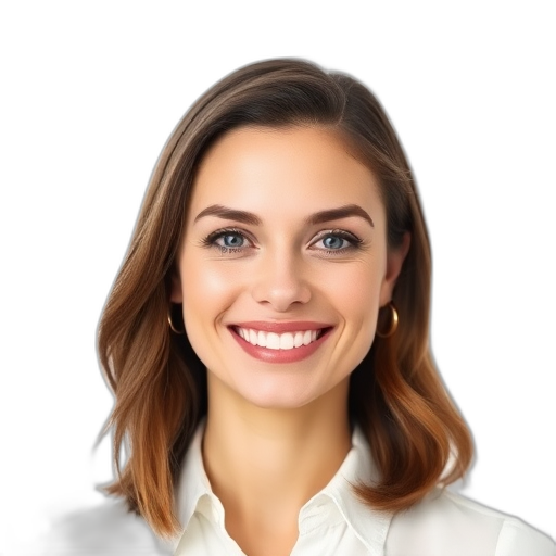 Een persoon glimlachend naar de camera met een witte achtergrond.