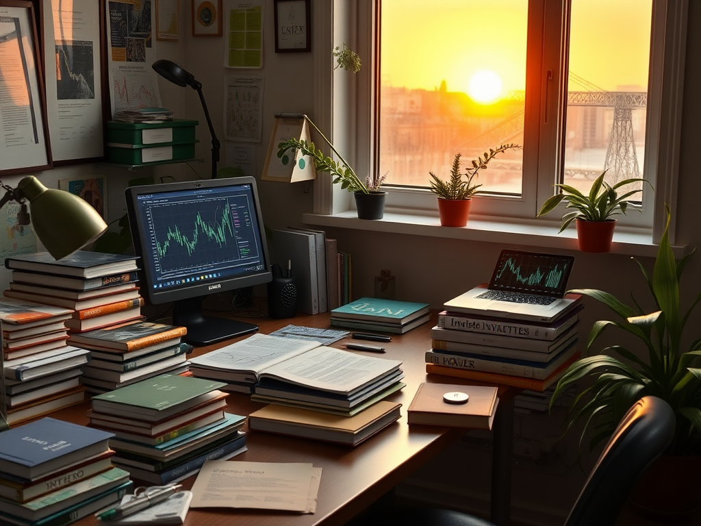 Een opgeruimde werkplek met boeken, een laptop en planten.