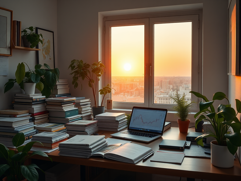 Een rustige werkruimte met boeken, een laptop en planten.
