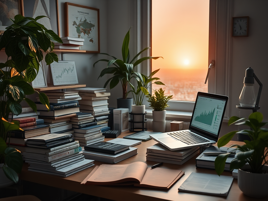 Een opgeruimde werkplek met boeken, een laptop en planten.
