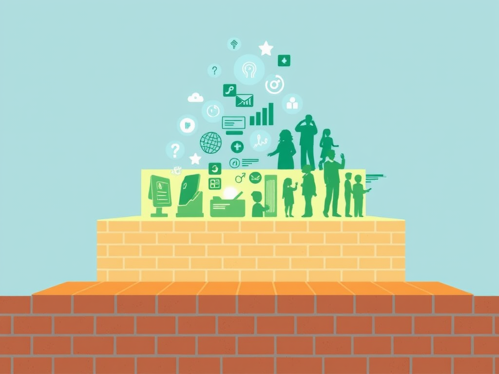"three layered steps" "foundation with solid bricks" "middle layer glowing with creative icons" "top layer shining with digital graphs and community silhouettes" "soft blue and green tones" "modern minimalist style"