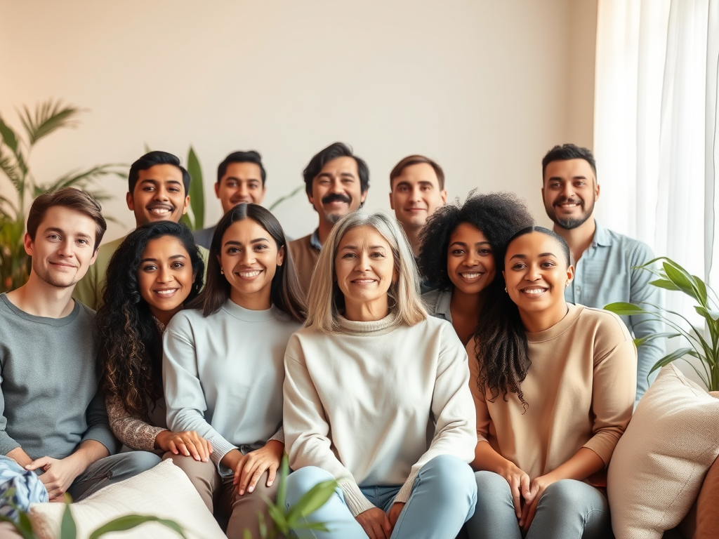 "a diverse group of calm, confident people" "warm, soft natural lighting" "comfortable cozy room with plants and cushions" "expressions of peace and empowerment" "gentle pastel colors creating a serene atmosphere"