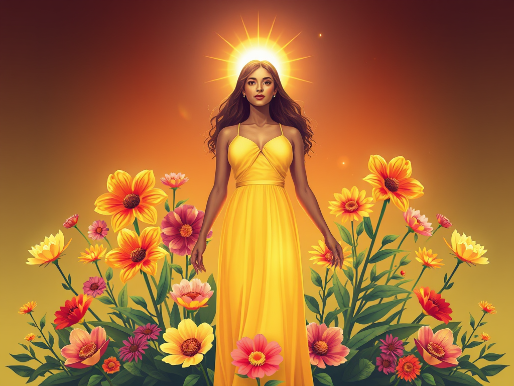 A radiant woman standing confidently "glowing aura" surrounded by "vibrant flowers and light rays" symbolizing growth, resilience, and connection with a supportive circle of diverse women.
