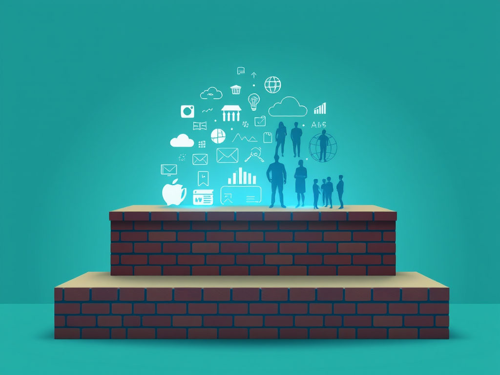 "three layered steps" "foundation with solid bricks" "middle layer glowing with creative icons" "top layer shining with digital graphs and community silhouettes" "soft blue and green tones" "modern minimalist style"