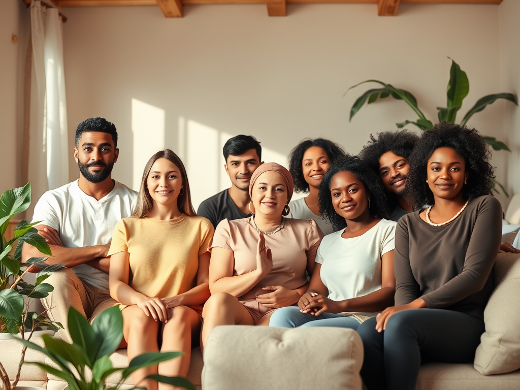 "a diverse group of calm, confident people" "warm, soft natural lighting" "comfortable cozy room with plants and cushions" "expressions of peace and empowerment" "gentle pastel colors creating a serene atmosphere"