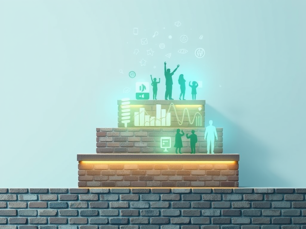 "three layered steps" "foundation with solid bricks" "middle layer glowing with creative icons" "top layer shining with digital graphs and community silhouettes" "soft blue and green tones" "modern minimalist style"