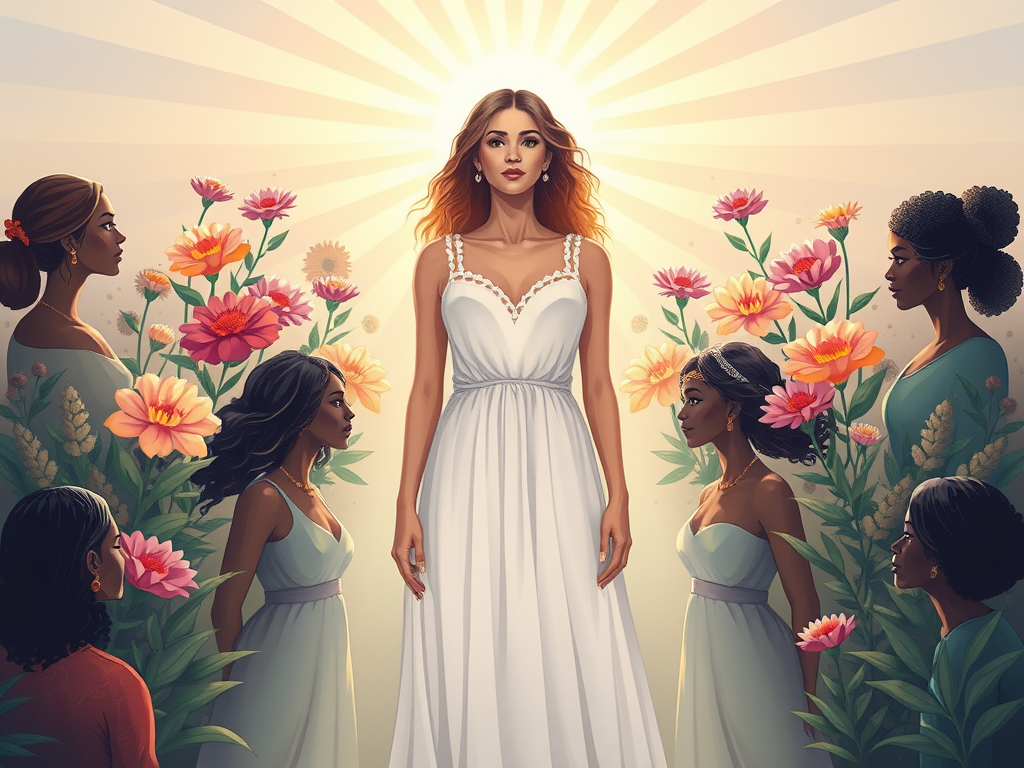 A radiant woman standing confidently "glowing aura" surrounded by "vibrant flowers and light rays" symbolizing growth, resilience, and connection with a supportive circle of diverse women.