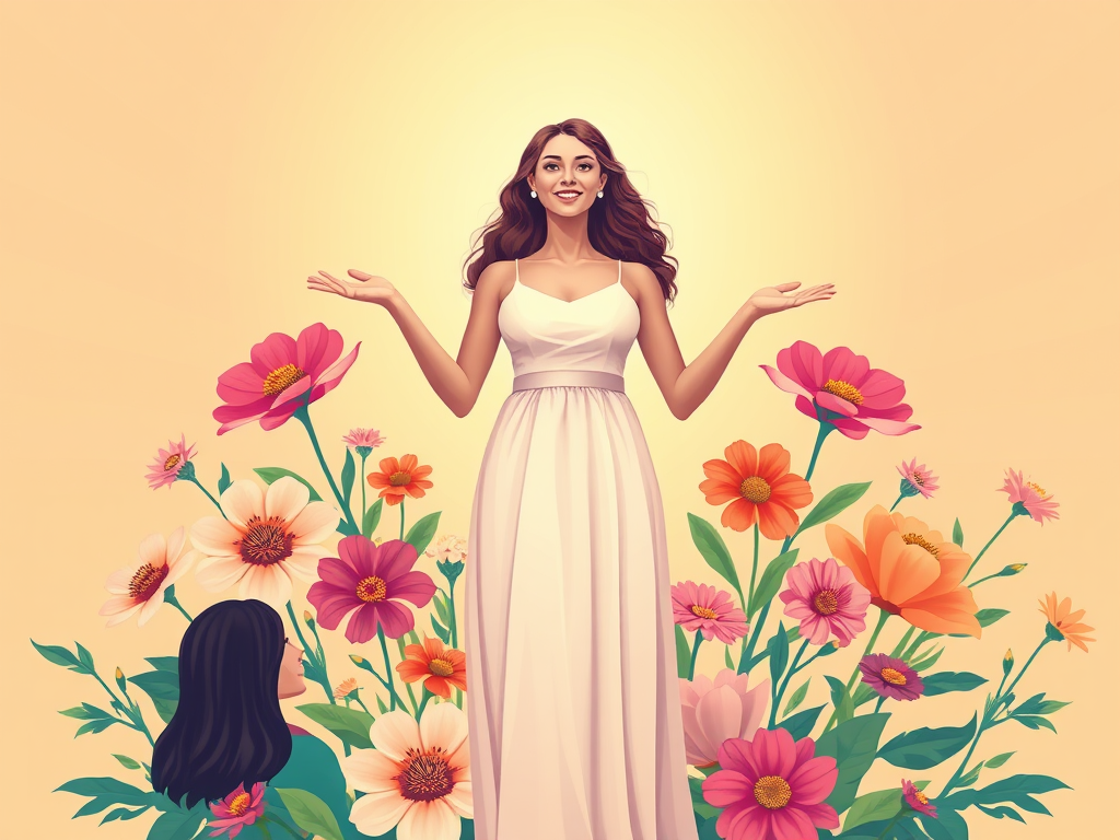 A radiant woman standing confidently "glowing aura" surrounded by "vibrant flowers and light rays" symbolizing growth, resilience, and connection with a supportive circle of diverse women.