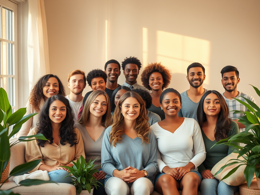 "a diverse group of calm, confident people" "warm, soft natural lighting" "comfortable cozy room with plants and cushions" "expressions of peace and empowerment" "gentle pastel colors creating a serene atmosphere"