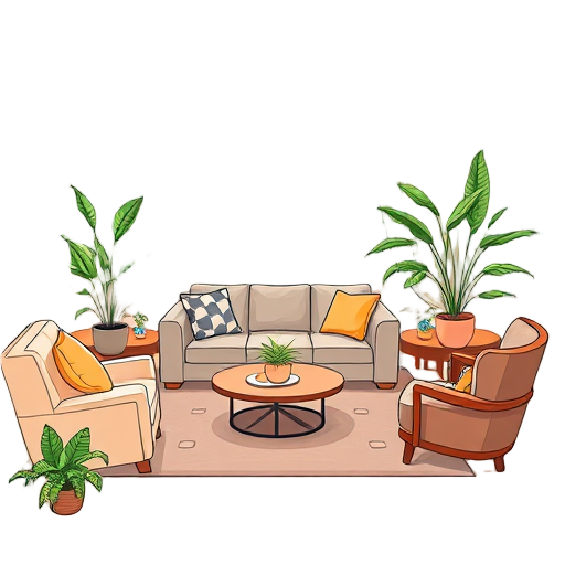 Gezellige woonkamer met stijlvolle meubels en planten.