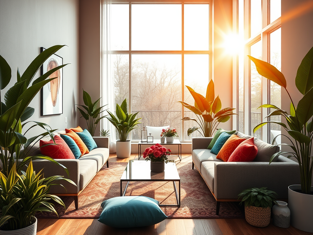 Een moderne woonkamer met kleurrijke kussens en planten.