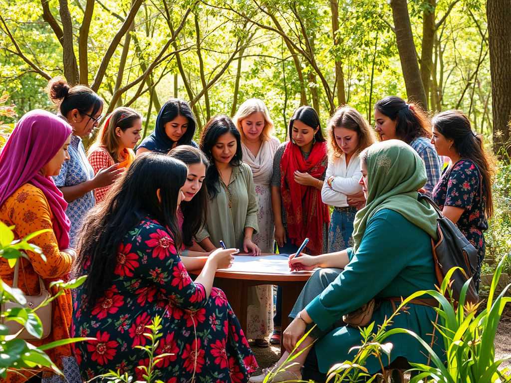 Diverse vrouwen in workshops, omringd door natuur.