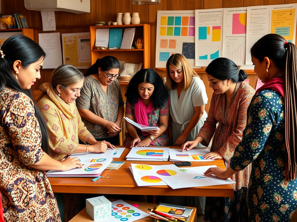 Een levendige workshop met diverse vrouwen die samenwerken.