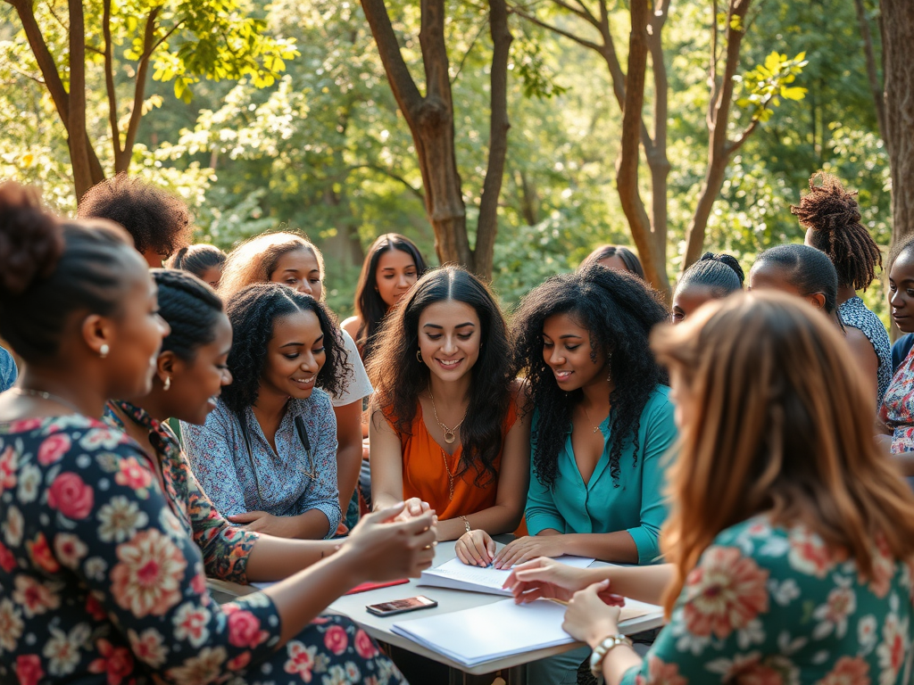 Diverse vrouwen in een workshop omgeven door natuur.