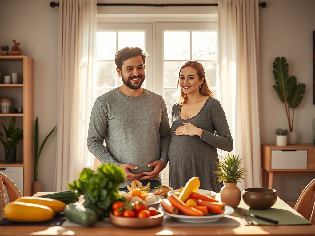 "warm sunlit home" "pregnant couple smiling, gentle touch, confident" "nutritional meals on table, colorful vegetables" "soft yoga poses, simple props" "calm, modern, cozy palette"
