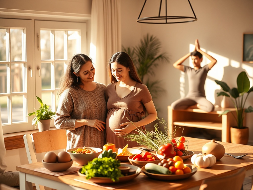 "warm sunlit home" "pregnant couple smiling, gentle touch, confident" "nutritional meals on table, colorful vegetables" "soft yoga poses, simple props" "calm, modern, cozy palette"