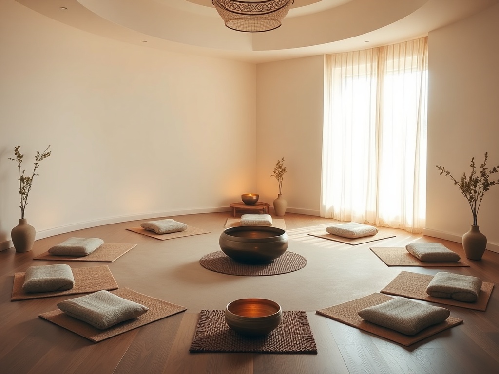 "A serene, softly lit circle room for women, gentle mats, cushions, warm tones, calming sound bowls, a caring guide, intimate small-group atmosphere, peaceful, restorative energy."