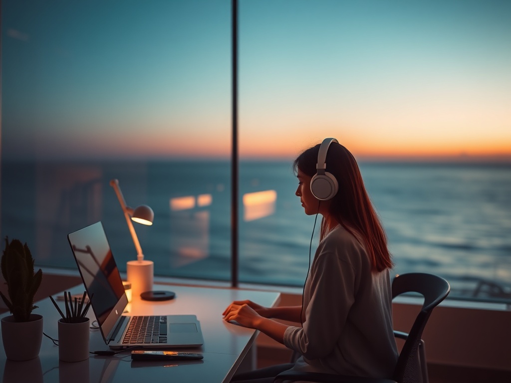 "A serene, modern workspace at dusk, a woman entrepreneur pausing, soft light, headphones, calm ocean view beyond, stillness radiating through the scene."
