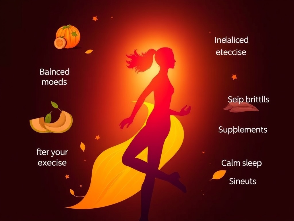 A vibrant, balanced silhouette portrait in motion, glowing with energy; surrounding elements show fiber-rich foods, balanced meals, brief interval exercise, subtle supplements, calm sleep aura.