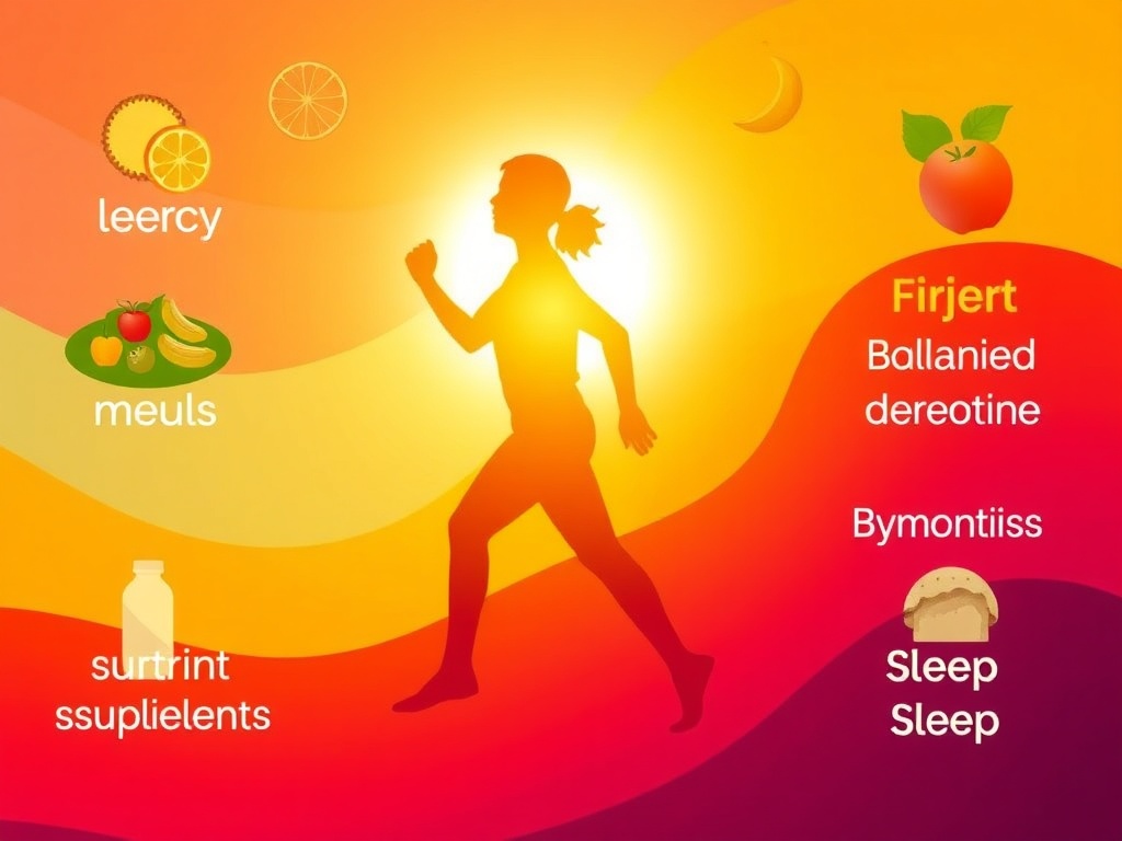 A vibrant, balanced silhouette portrait in motion, glowing with energy; surrounding elements show fiber-rich foods, balanced meals, brief interval exercise, subtle supplements, calm sleep aura.