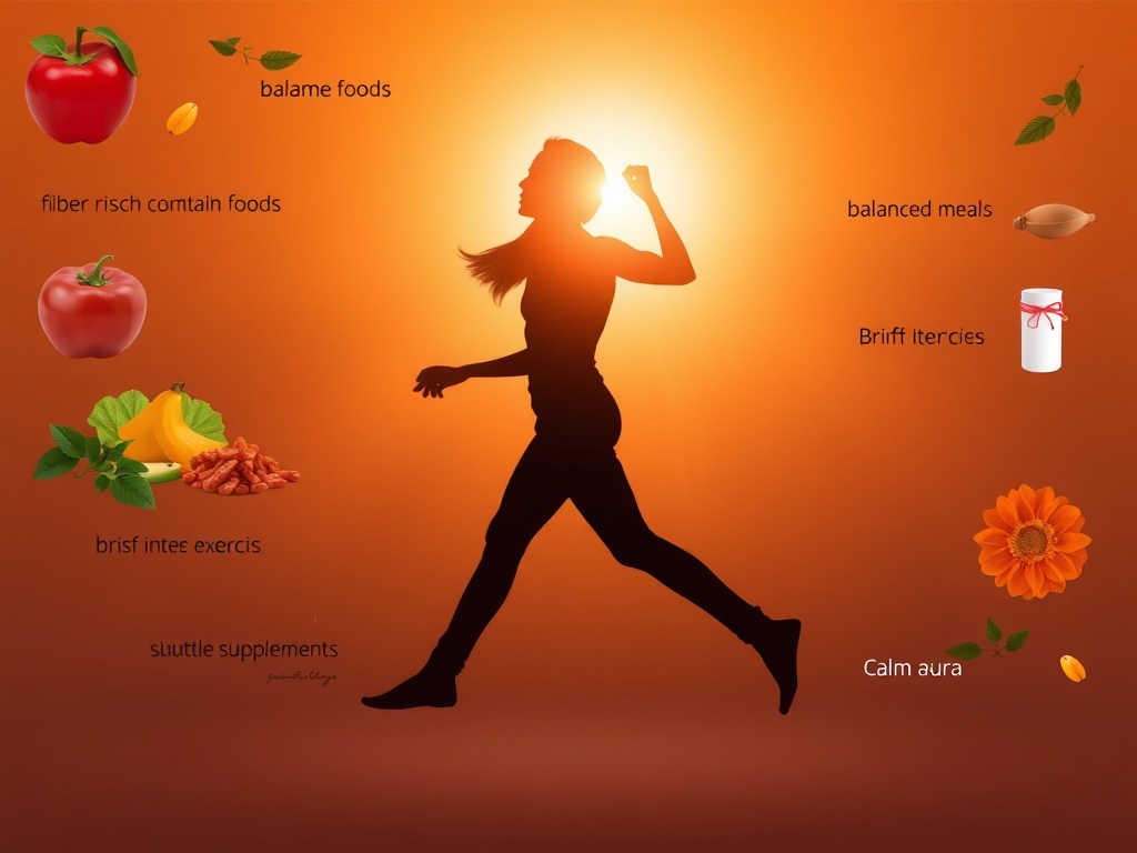 A vibrant, balanced silhouette portrait in motion, glowing with energy; surrounding elements show fiber-rich foods, balanced meals, brief interval exercise, subtle supplements, calm sleep aura.