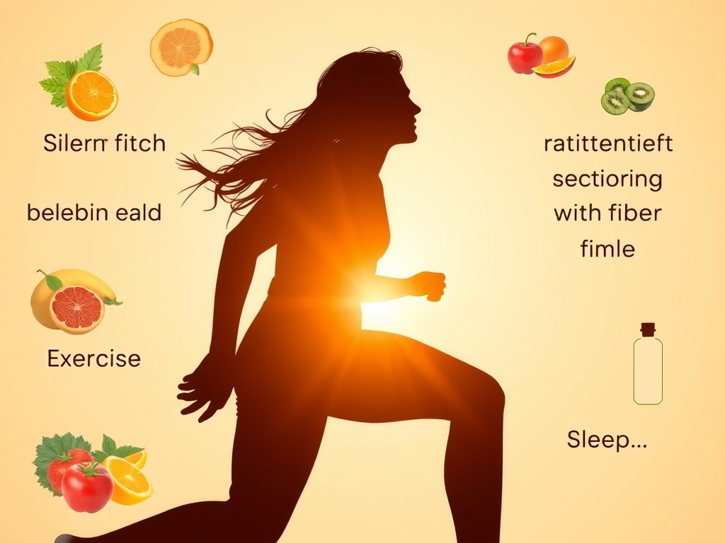 A vibrant, balanced silhouette portrait in motion, glowing with energy; surrounding elements show fiber-rich foods, balanced meals, brief interval exercise, subtle supplements, calm sleep aura.