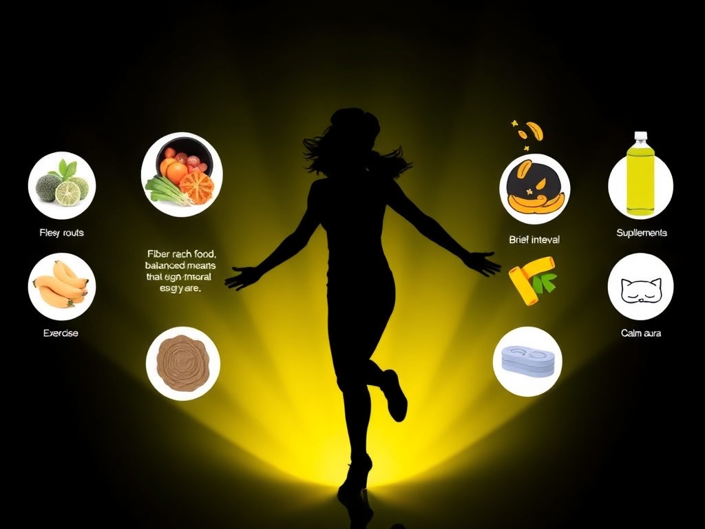 A vibrant, balanced silhouette portrait in motion, glowing with energy; surrounding elements show fiber-rich foods, balanced meals, brief interval exercise, subtle supplements, calm sleep aura.