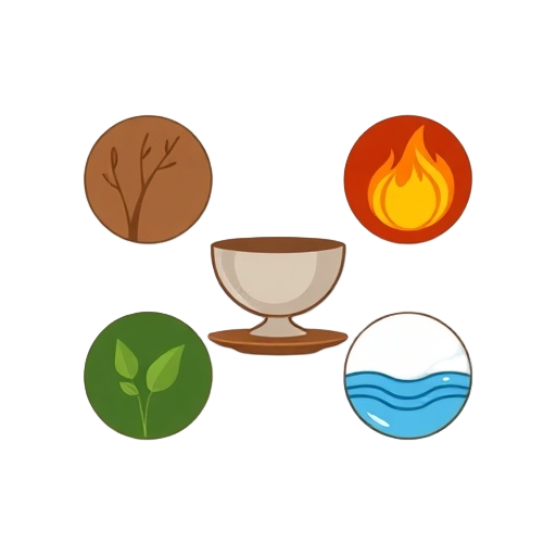 "five circular icons" "wood fire earth metal water" "wellbeing balance" "cup plate leaf"