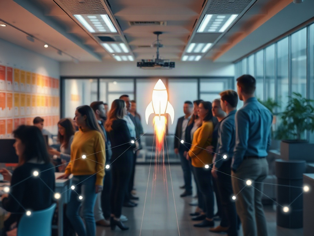A diverse team in a modern office, connected nodes forming a structured workflow overlay, calm colors, rocket-like momentum toward a glowing start point, cinematic lighting.