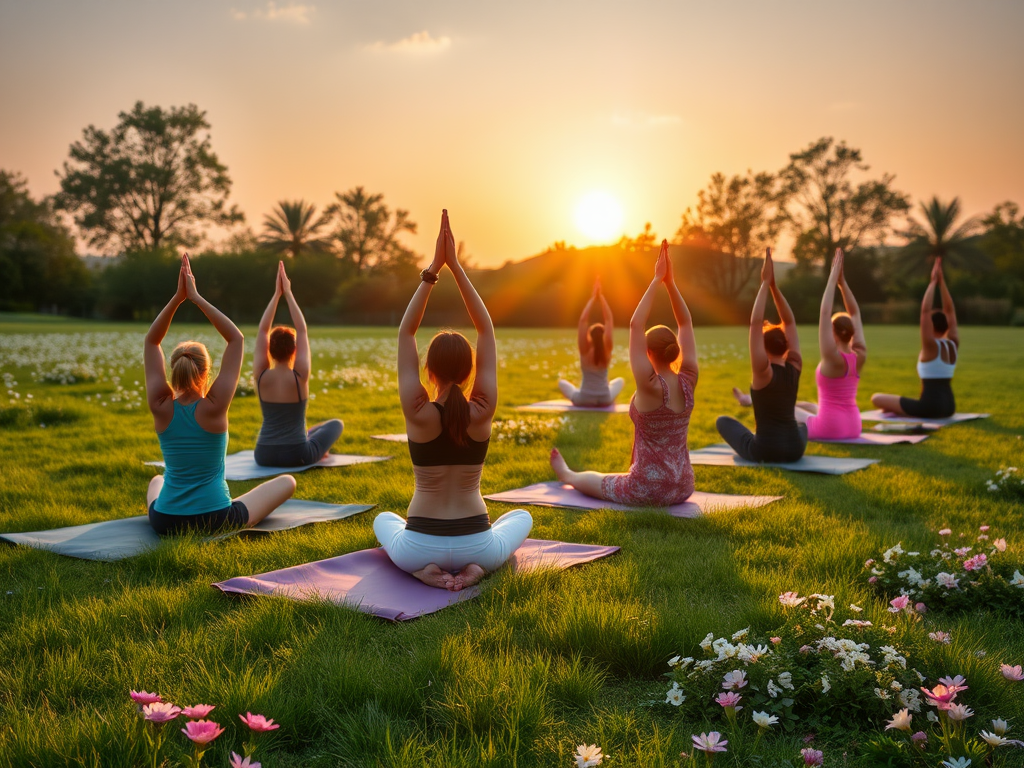 Groep mensen doet yoga in een bloeiende tuin bij zonsopgang.