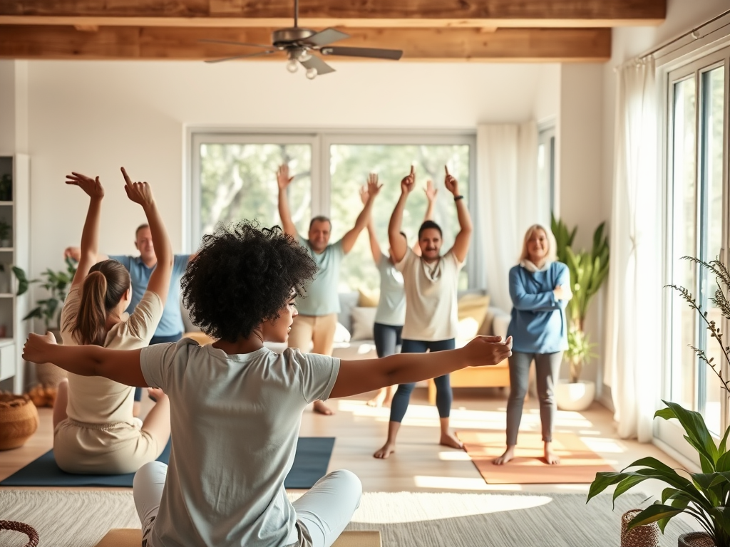 "a diverse group of people exercising gently at home" "soft natural lighting" "calm, supportive atmosphere" "symbols of healing and strength subtly included" "warm, inviting colors"