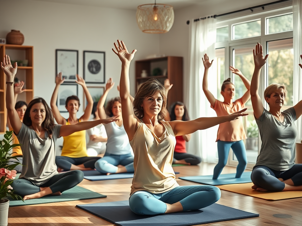 "a diverse group of people exercising gently at home" "soft natural lighting" "calm, supportive atmosphere" "symbols of healing and strength subtly included" "warm, inviting colors"