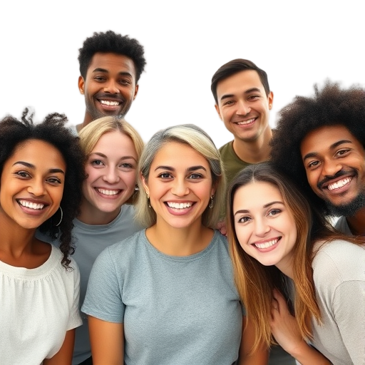 A diverse group smiling warmly, bright eyes, natural lighting, soft white background, casual clothing, conveying support and inspiration.