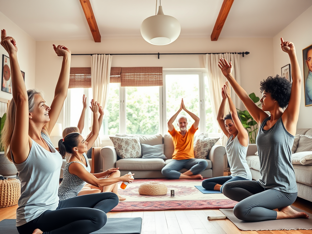 "a diverse group of people exercising gently at home" "soft natural lighting" "calm, supportive atmosphere" "symbols of healing and strength subtly included" "warm, inviting colors"