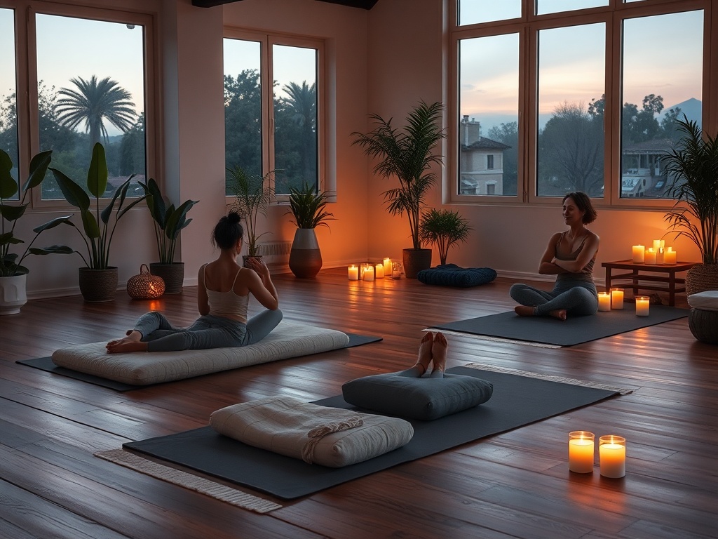 "Serene yoga studio at dusk" "three diverse people in restorative yin poses on cushions" "soft warm lighting" "plants, wooden floor, candles" "peaceful, healing atmosphere"