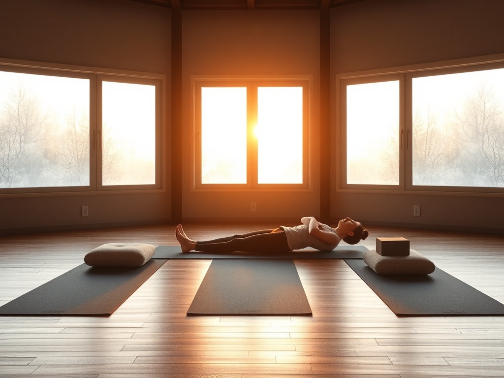 "Serene yoga studio at dawn" "soft golden light through frosted windows" "three mats with bolsters, blankets, blocks" "calm person in reclined yin pose" "gentle props, warm wooden floor"