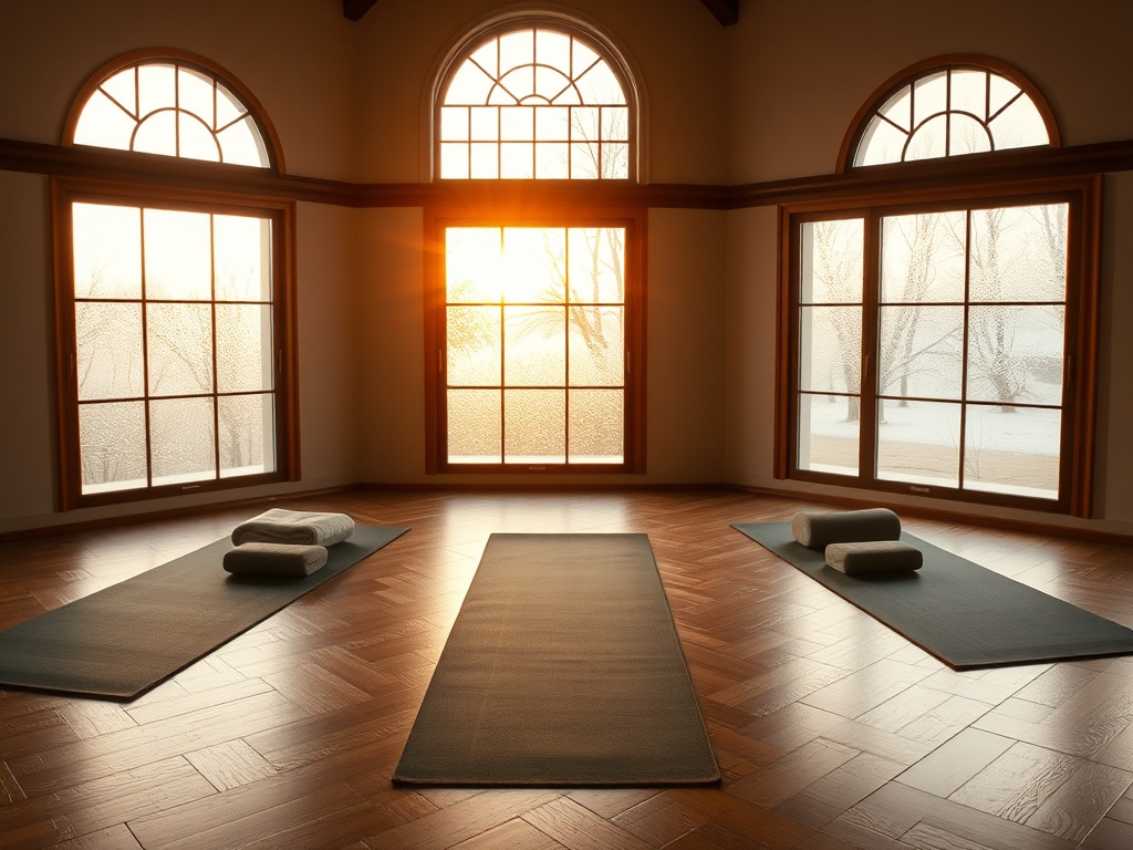 "Serene yoga studio at dawn" "soft golden light through frosted windows" "three mats with bolsters, blankets, blocks" "calm person in reclined yin pose" "gentle props, warm wooden floor"
